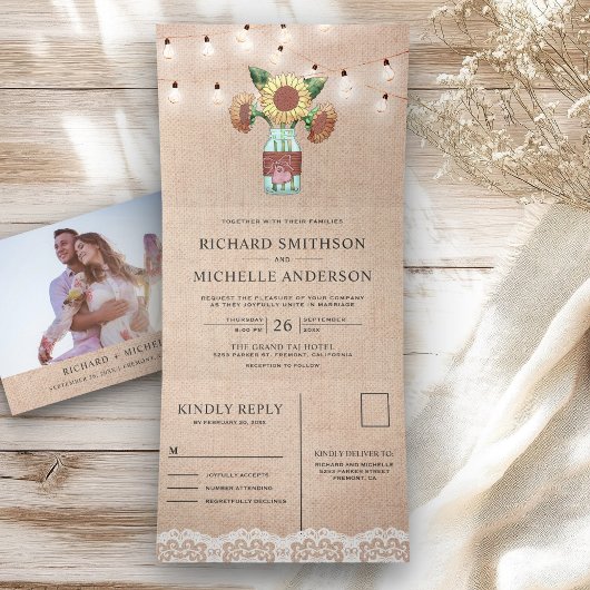 Burlap Zonnebloem Mason Jar String Lights Wedding Drieluik Uitnodiging
