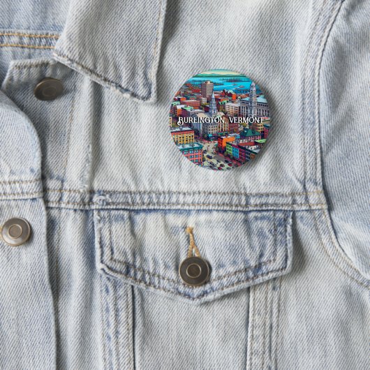 Burlington, Vermont Comic Book Style Art Ronde Button 5,7 Cm (In situ)