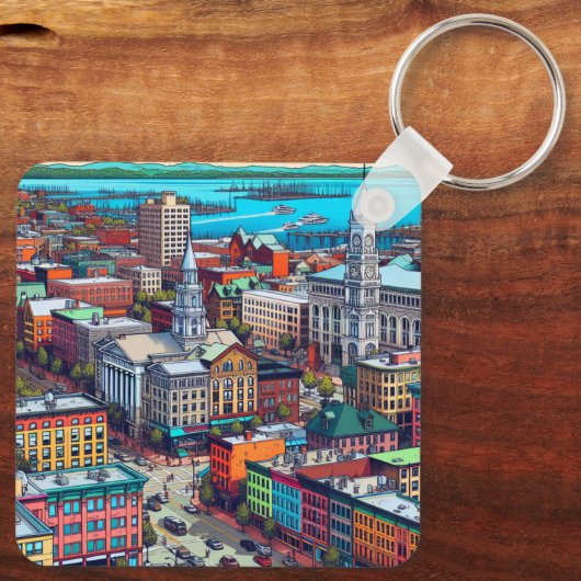 Burlington, Vermont Comic Book Style Art Sleutelhanger (Achterkant)