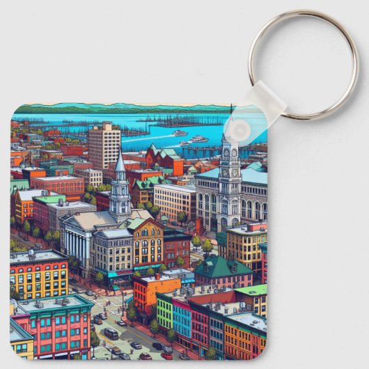 Burlington, Vermont Comic Book Style Art Sleutelhanger (Achterkant)