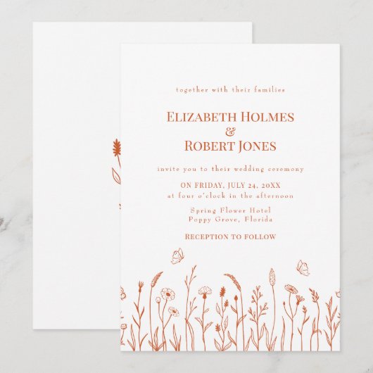Burn Sinaasappel Wildflower Meadow Bruiloft Uitnod Kaart (Voorkant / Achterkant)