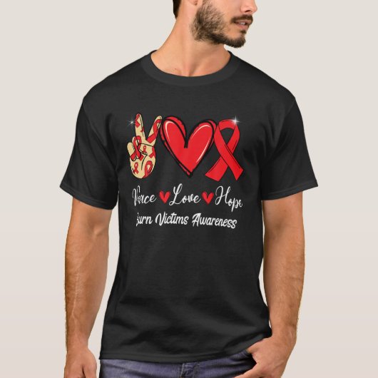 Burn Victims Awareness Peace Love Hope Red Ribbon T-shirt (Voorkant)