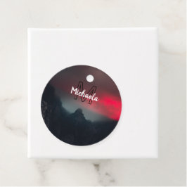 Burning clouds, fog and mountains monogram in sky bedankjes labels