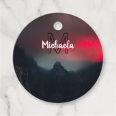 Burning clouds, fog and mountains monogram in sky bedankjes labels (Voorkant)