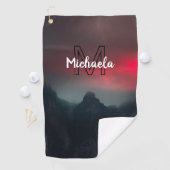 Burning clouds, fog and mountains monogram in sky golfhanddoek (Insitu)