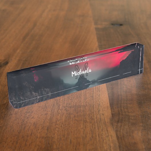 Burning clouds, fog and mountains monogram in sky naambordje (Zijkant)