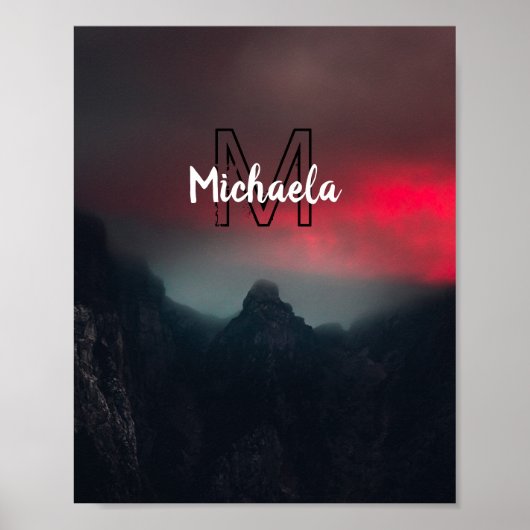 Burning clouds, fog and mountains monogram in sky poster (Voorkant)