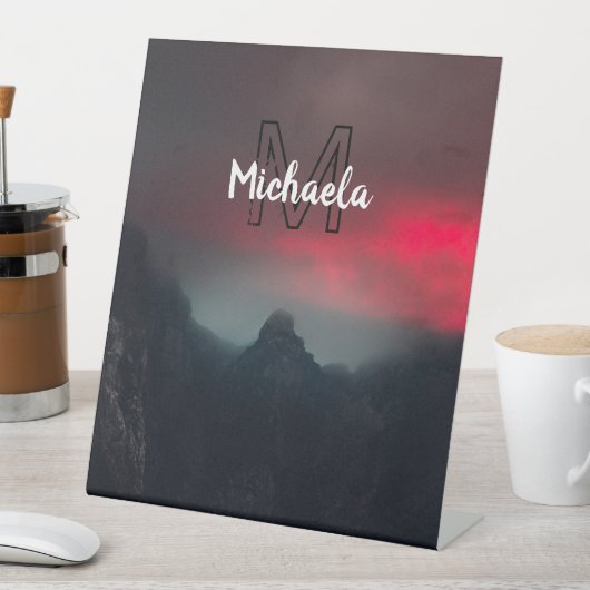 Burning clouds, fog and mountains monogram in sky reclamebord met voetstuk (Insitu)