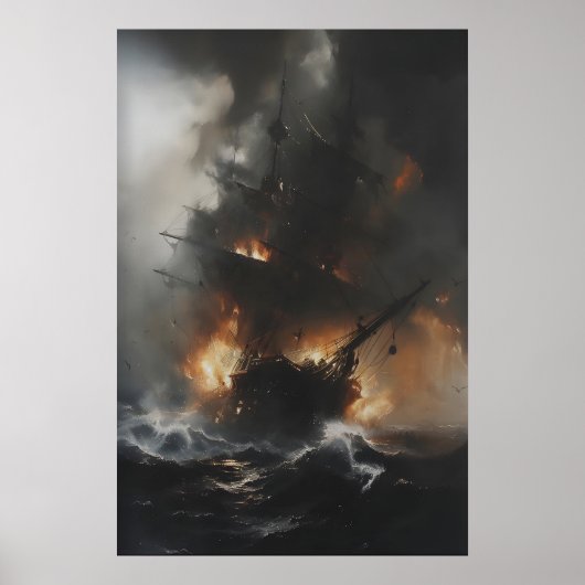 Burning Pirate Ship in Stormy Ocean Gothic Nautica Poster (Voorkant)