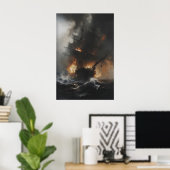 Burning Pirate Ship in Stormy Ocean Gothic Nautica Poster (Thuiskantoor)