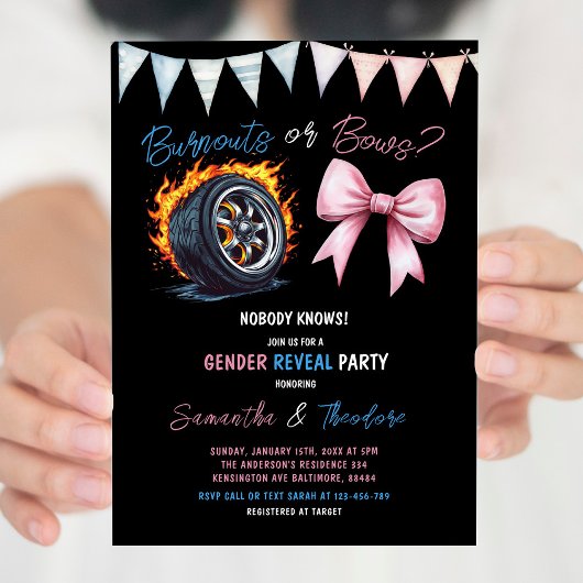 Burnouts of Bows Girl of Boy Gender Reveal Party Kaart