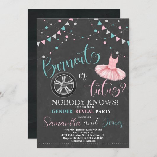 Burnouts of Tutus Gender Reveal Party Kaart (Voorkant / Achterkant)