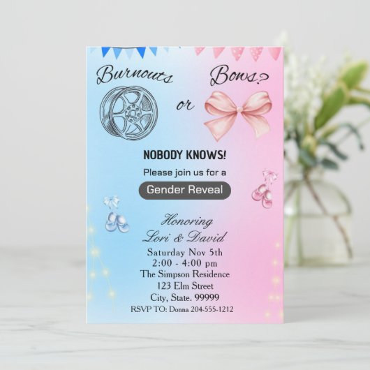 Burnouts or Bows Gender Reopenbaart Uitnodiging (Staand voorkant)