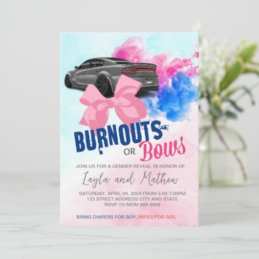 Burnouts or Bows Gender Reopenbaart Uitnodiging (Staand voorkant)