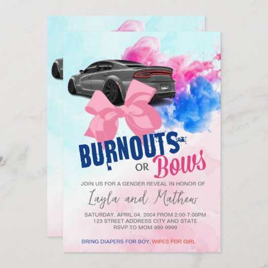 Burnouts or Bows Gender Reopenbaart Uitnodiging (Voorkant / Achterkant)