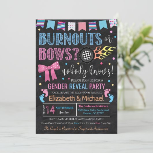 Burnouts or Bows Gender Reopenbaart Uitnodiging (Staand voorkant)