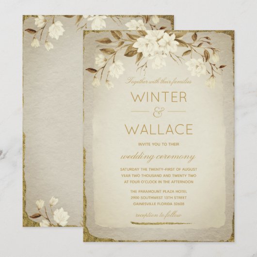 Burnt Almond & Gold Magnolia Wedding Kaart (Voorkant / Achterkant)