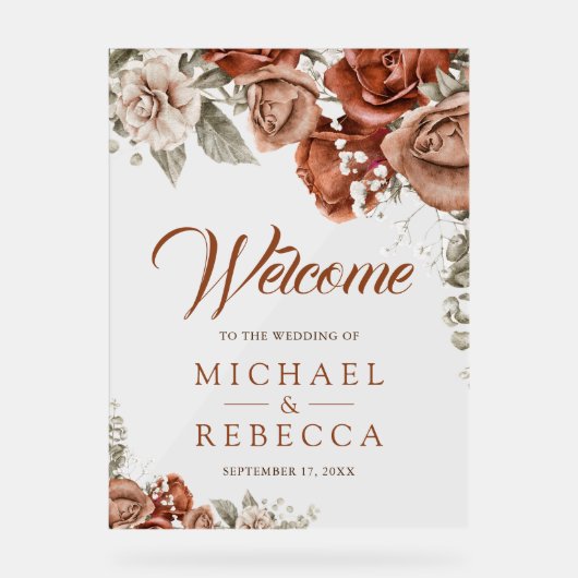 Burnt Boho Terracotta Floral Wedding Welcome Acryl Bord (Voorkant)
