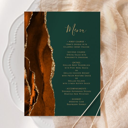 Burnt Orange Agate Green Wedding Menu