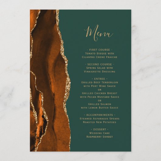 Burnt Orange Agate Green Wedding Menu (Voorkant)