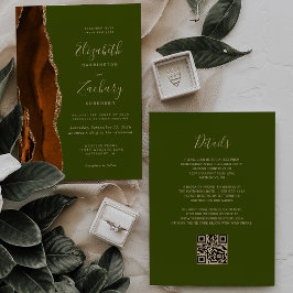 Burnt Orange Agate Olive Green QR Code Wedding Kaart