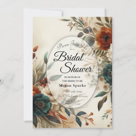 Burnt Orange and Blue Fall Flowers Bridal Shower Kaart (Voorkant)