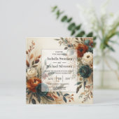 Burnt Orange and Blue Fall Flowers Wedding  Kaart (Staand voorkant)