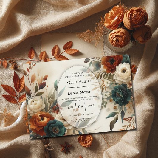 Burnt Orange and Blue Fall Flowers Wedding Kaart