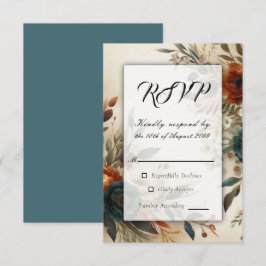 Burnt Orange and Blue Fall Flowers Wedding RSVP Kaartje