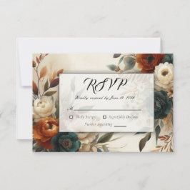 Burnt Orange and Blue Fall Flowers Wedding RSVP Kaartje