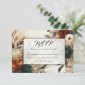 Burnt Orange and Blue Fall Flowers Wedding RSVP Kaartje (Staand voorkant)