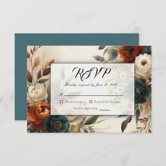Burnt Orange and Blue Fall Flowers Wedding RSVP Kaartje (Voorkant / Achterkant)