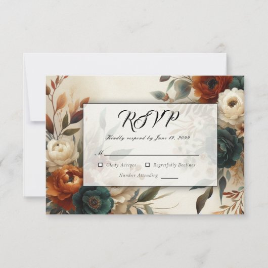 Burnt Orange and Blue Fall Flowers Wedding RSVP Kaartje (Voorkant)