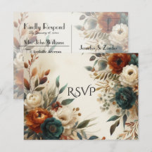 Burnt Orange and Blue Fall Flowers Wedding RSVP