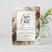 Burnt Orange and Blue Fall Flowers Wedding Save The Date (Staand voorkant)