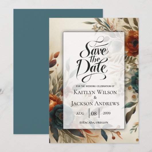 Burnt Orange and Blue Fall Flowers Wedding Save The Date (Voorkant / Achterkant)