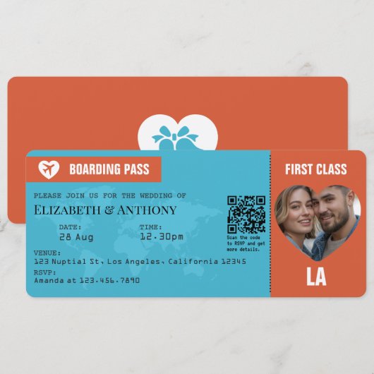 Burnt Orange & Aqua Blue Boarding Pass Wedding Kaart (Voorkant / Achterkant)