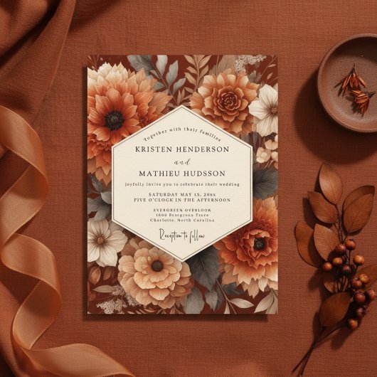 Burnt Orange Autumn Bloom Wedding Kaart