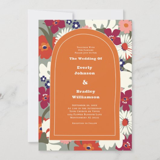 Burnt Orange Bold Floral Boho Chic Retro Wedding Kaart (Voorkant)