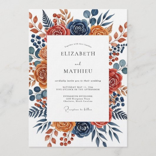 Burnt Orange Botanical Bloom Wedding Kaart (Voorkant)