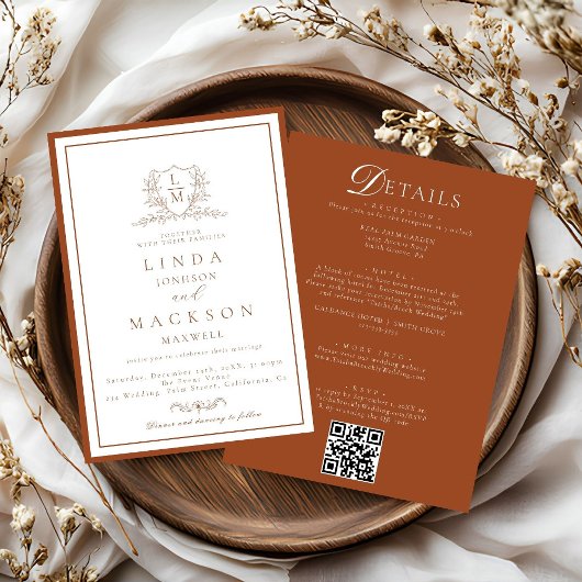 Burnt Orange botanical crest All in one wedding  Kaart