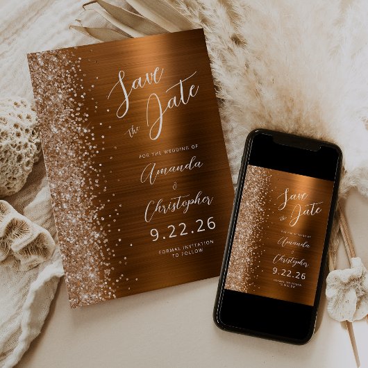 Burnt Orange Brushed Metal Script Save the Date Aankondiging