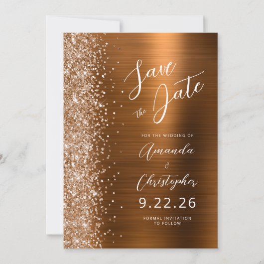 Burnt Orange Brushed Metal Script Save the Date Aankondiging (Voorkant)