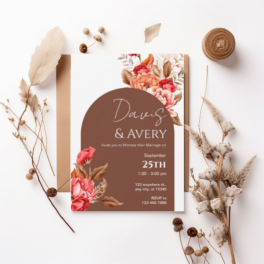 Burnt Orange Floral Boho Wedding Invite Kaart