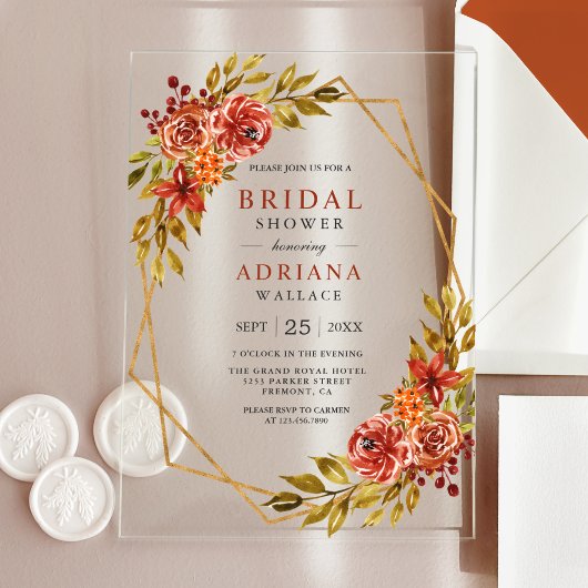 Burnt Orange Floral Gold Frame Fall Bridal Shower Acryl Uitnodigingen