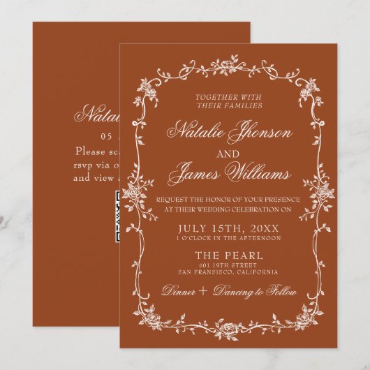 Burnt Orange Floral Terracotta QR Code Wedding Kaart (Voorkant / Achterkant)