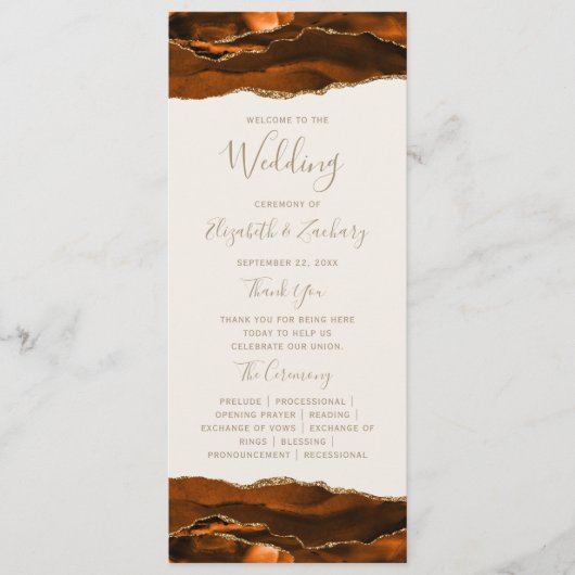 Burnt Orange Gold Agate Ivory Wedding Programmakaart (Voorkant)
