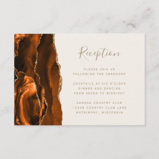 Burnt Orange Gold Agate Ivory Wedding Reception Informatiekaartje (Voorkant)