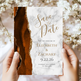 Burnt Orange Gold Agate Marble Save the Date Card Kaart