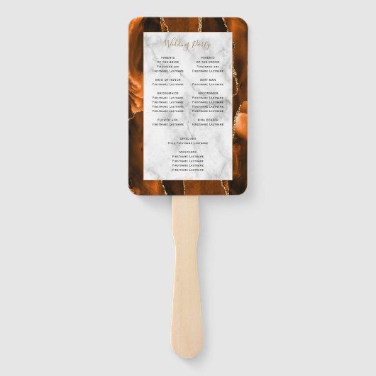 Burnt Orange Gold Agate Marble Wedding Program Handwaaier (Achterkant)
